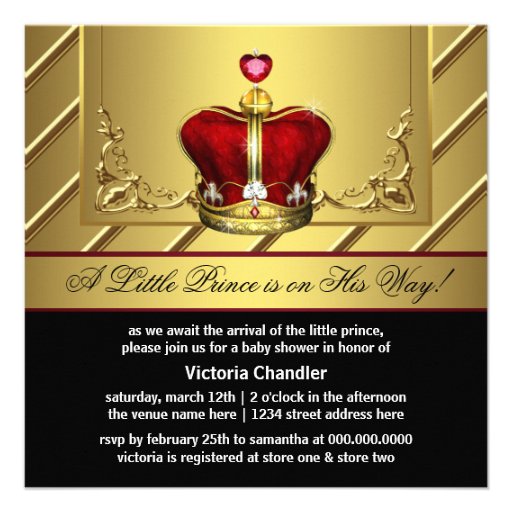Red Gold Crown Prince Baby Shower Invitations