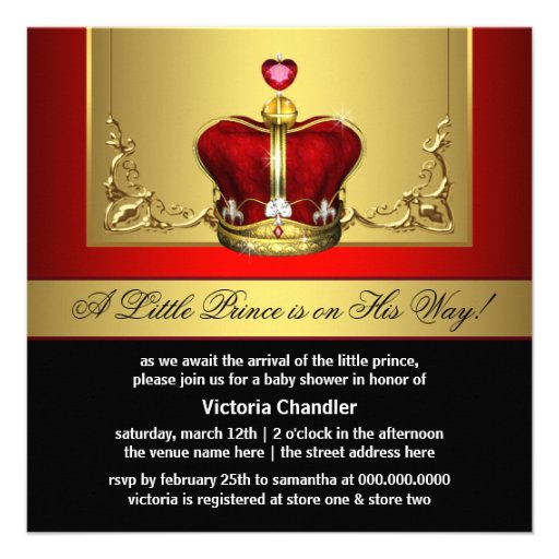 Red Gold Crown Prince Baby Shower Invitations