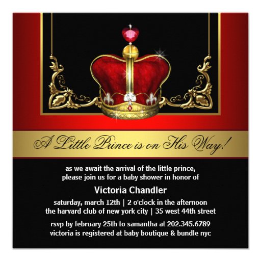 Red Gold Crown Prince Baby Shower Invitations