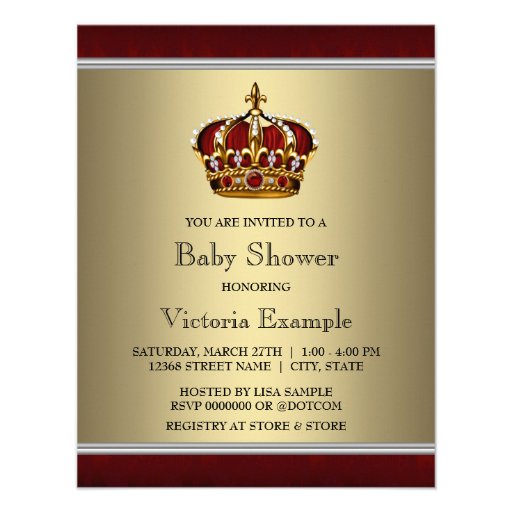 Red Gold Crown Prince Boy Baby Shower Personalized Invitations