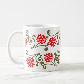 Red Gold Daisy and Curls Etching Coffee Mug