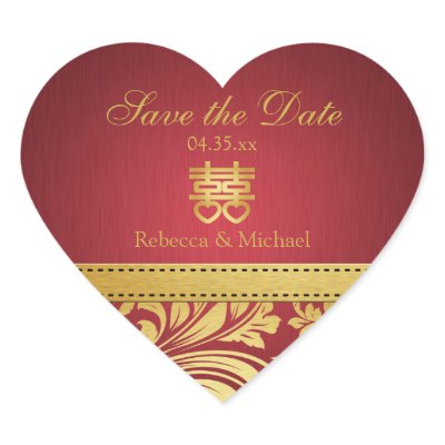 Red &amp; Gold Damask, Chinese Double Happiness Heart Sticker
