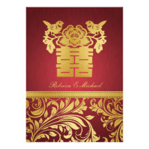 Red & Gold Damask, Chinese Double Happiness Invite