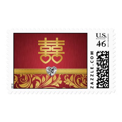 Red & Gold Damask Chinese Double Happiness Postage Stamp