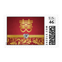 Red & Gold Damask Chinese Double Happiness Postage Stamp