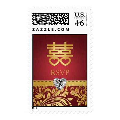 Red & Gold Damask Chinese Double Happiness Stamps