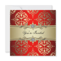 Red Gold Damask Party Personalized Invite