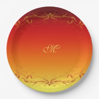 Red Gold Elegant Vintage Custom Monogram 9 Inch Paper Plate