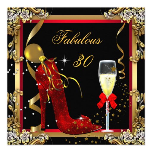 Red Gold Fabulous 30 Birthday Party Personalized Invitation