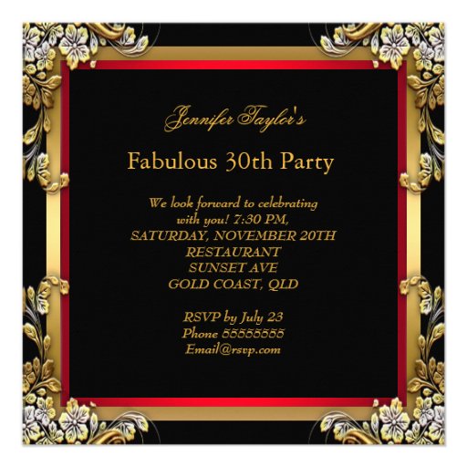 Red Gold Fabulous 30 Birthday Party Personalized Invitation
