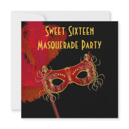 Red Gold Feather Mask Sweet 16 Maquerade Party invitation