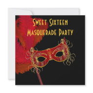 Red Gold Feather Mask Sweet 16 Maquerade Party invitation