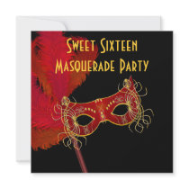 Red Gold Feather Mask Sweet 16 Masquerade Party Personalized Announcements