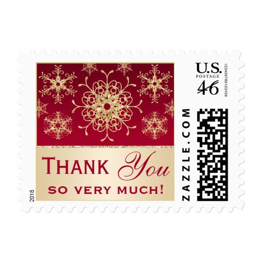 Red Gold Glitter LOOK Snowflakes Thank You Postage