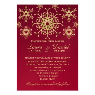 Red, Gold Glitter LOOK Snowflakes Wedding Invite