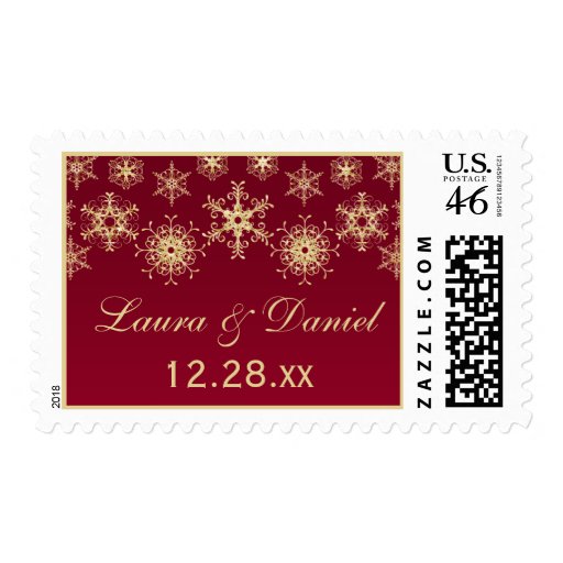 Red, Gold Glitter LOOK Snowflakes Wedding Postage