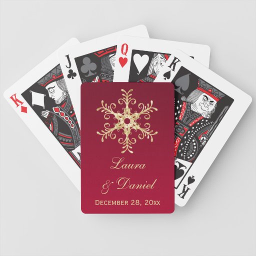 Red. Gold Glitter Snowflakes Wedding Playing Cards