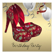Red Gold High Heel Shoes Birthday Party Custom Invitations