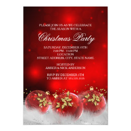 Red Gold Holly Baubles Christmas Party Invite