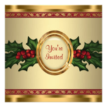 Red Gold Holly Corporate Christmas Party Personalized Announcements