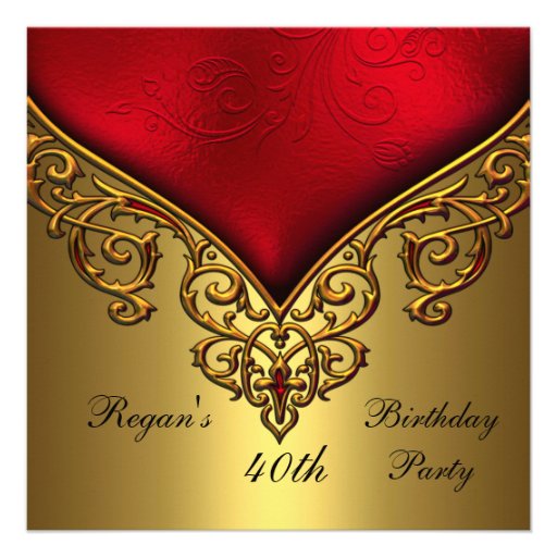 Red Gold Jewel 40th Elegant Birthday Party Personalized Invites (front side)