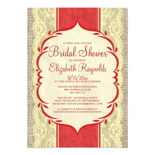 Red Gold Linen Burlap Lace Bridal Shower Invites