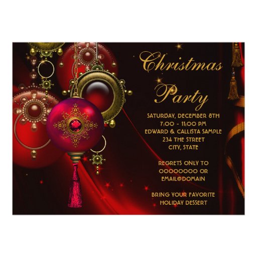 Red Gold Ornaments Corporate Christmas Party Personalized Invite