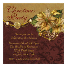 Red Gold Poinsettia Christmas Party Custom Announcements