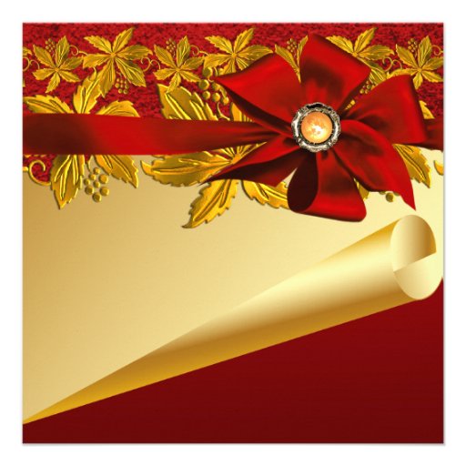 Red Gold Poinsettia Christmas Party Invitations