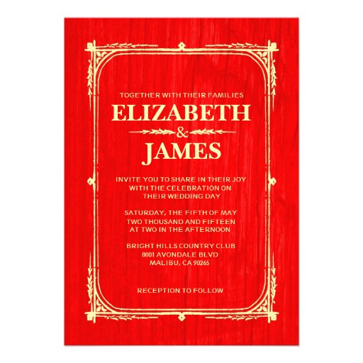 Red & Gold Rustic Barn Wood Wedding Invitations