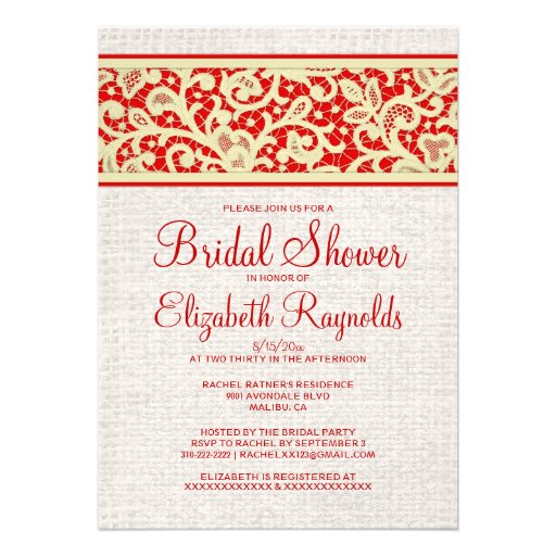 Red Gold Rustic Burlap Linen Bridal Shower Invites