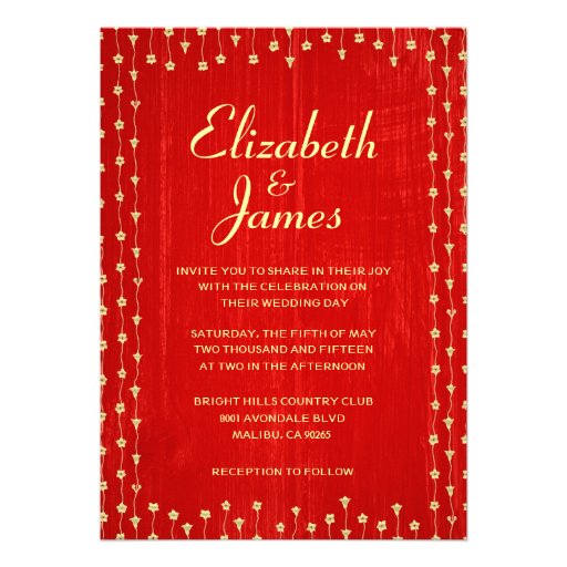 Red & Gold Rustic Country Wood Wedding Invitations