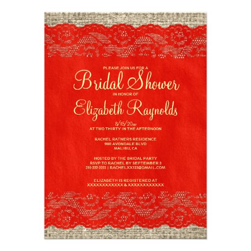 Red & Gold Rustic Lace Bridal Shower Invitations