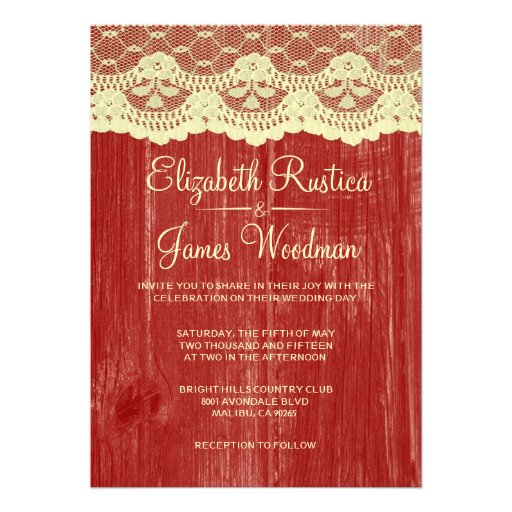 Red & Gold Rustic Lace Wood Wedding Invitations