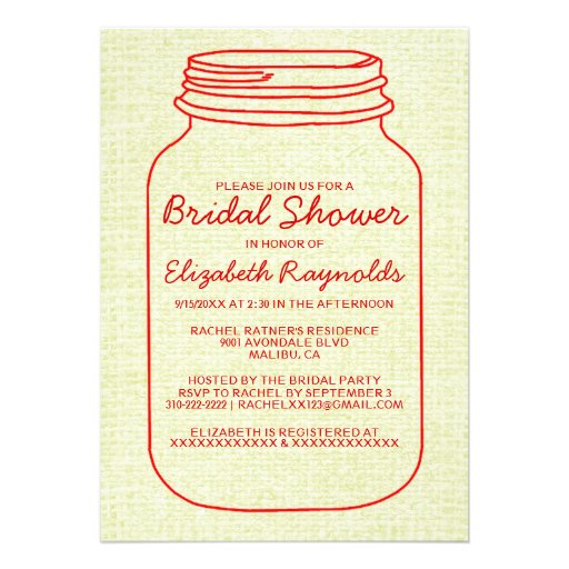 Red Gold Rustic Mason Jar Bridal Shower Invitation