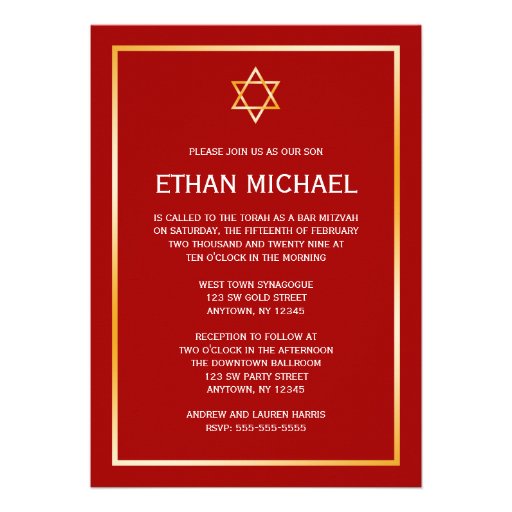 Red Gold Star of David Bar Mitzvah Invitations