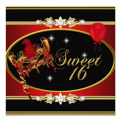 Red Gold Sweet Sixteen Sweet 16 Masquerade Personalized Invites