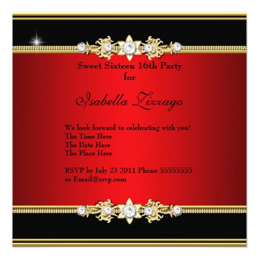 Red Gold Sweet Sixteen Sweet 16 Masquerade Personalized Invites