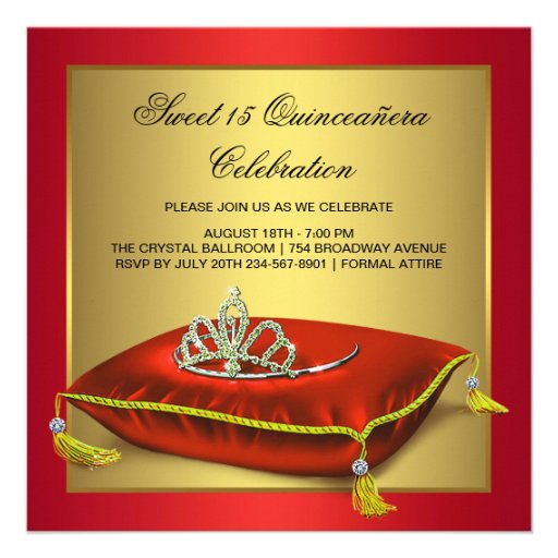 Red Gold Tiara Quinceanera Personalized Announcements