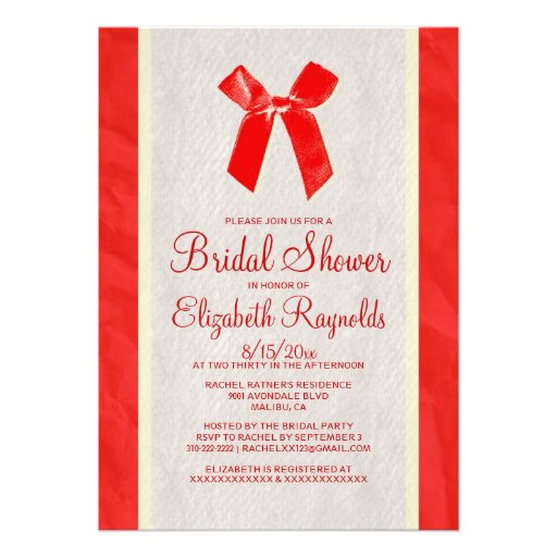 Red Gold Vintage Bow Linen Bridal Shower Invites