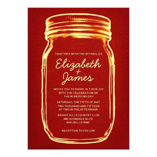 Red & Gold Vintage Mason Jar Wedding Invitations