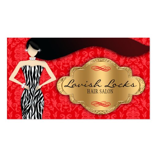 Red Gold Zebra Damask Hair Stylist Salon Business Cards (front side)
