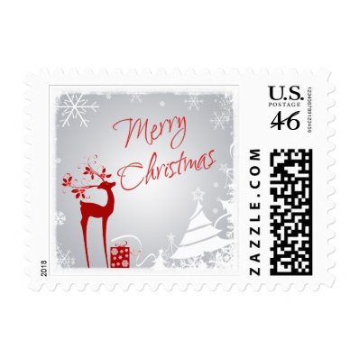 Red, Gray Merry Christmas Trees & Deer Postage