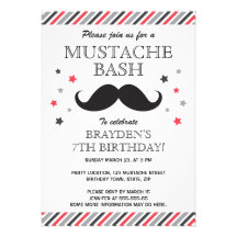 Red gray stripes mustache bash birthday party custom announcement