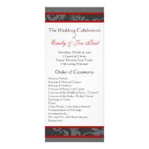 Red Gray White 9x4 Damask Swirl Wedding Program Custom Invitations
