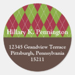 Red green argyle custom Christmas address label Round Sticker