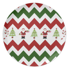 Red Green Christmas Tree Santa Chevron Pattern Party Plates