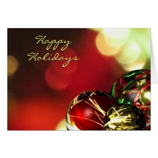 Red, Green, Gold Bokeh Lights and Ornaments Greeting Card