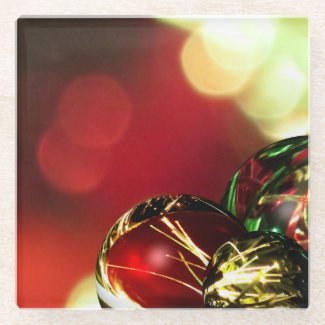 Red, Green, Gold Bokeh Lights and Ornaments Glass Coaster
