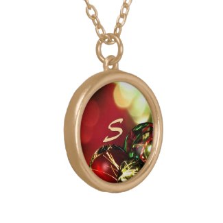 Red, Green, Gold Bokeh Lights and Ornaments Custom Round Pendant Necklace